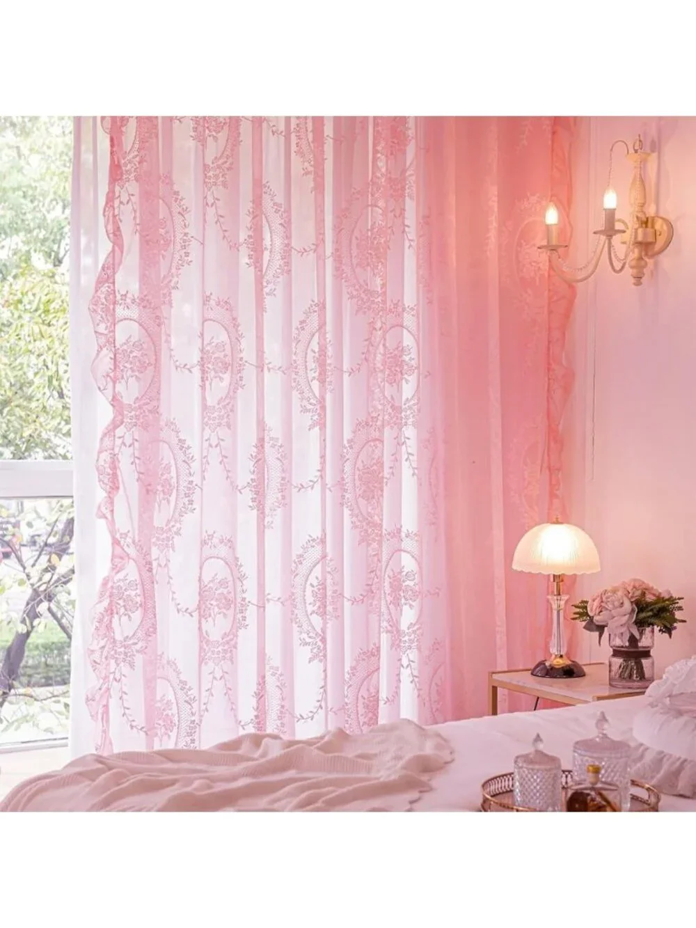 Bright Pink Lace Curtains Set - 84